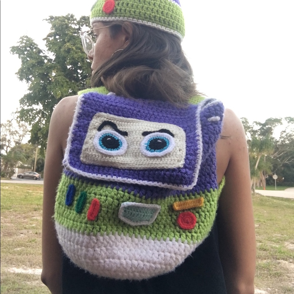 Custom knit Buzz Lightyear backpack and cap/beanie